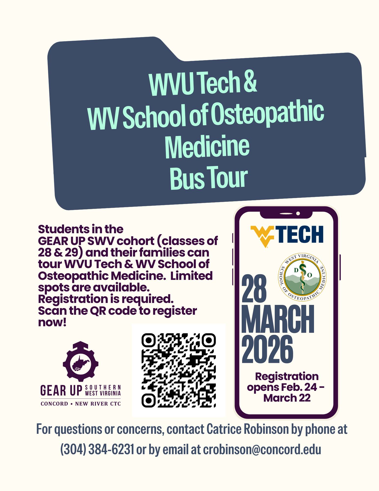 GEAR UP SWV invites Class of 2028 and 2029 students to attend WVU Tech and West Virginia Osteopathic School of Medicine bus tours on March 28