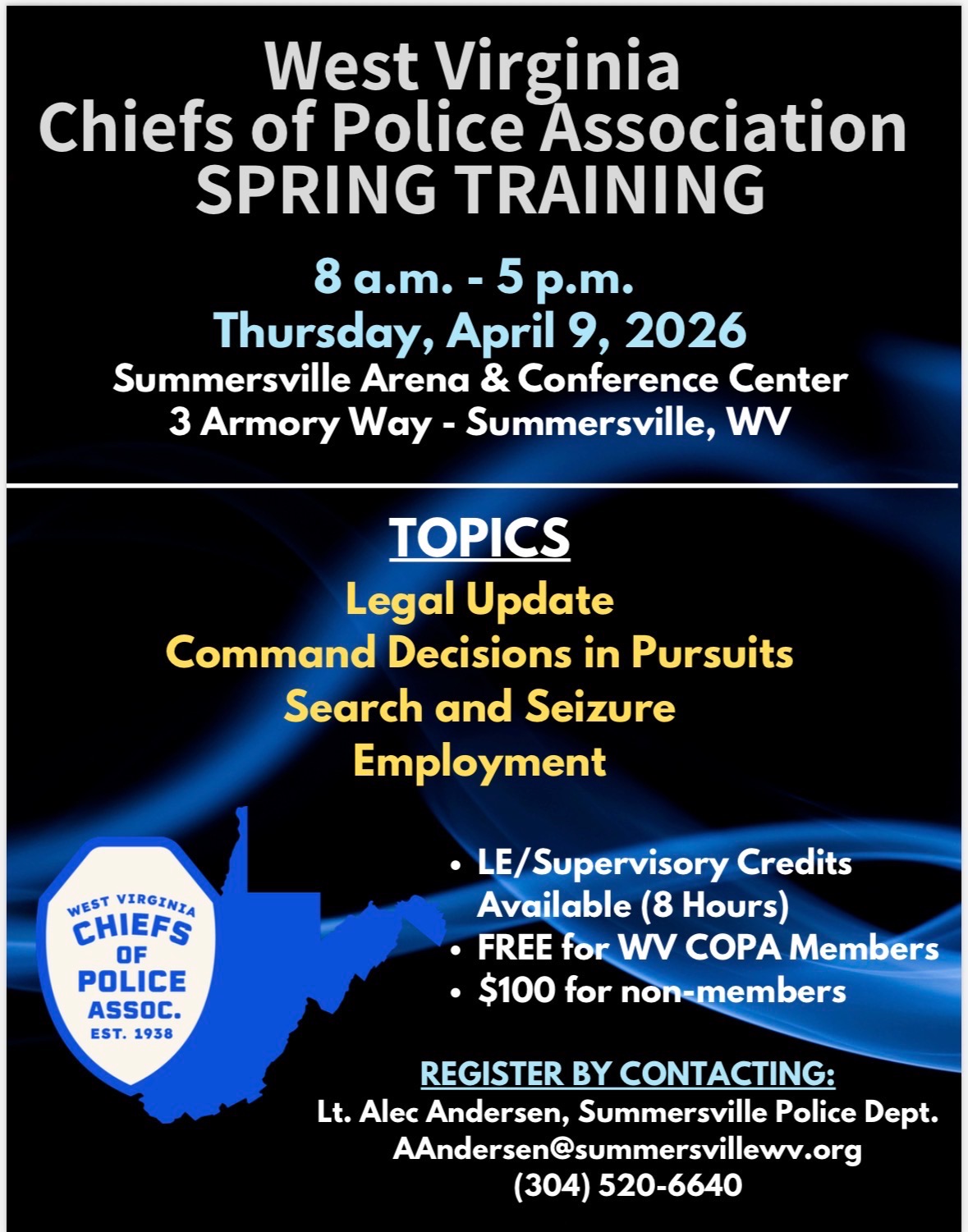 West Virginia Chiefs of Police Association to host spring training on April 9 in Summersville