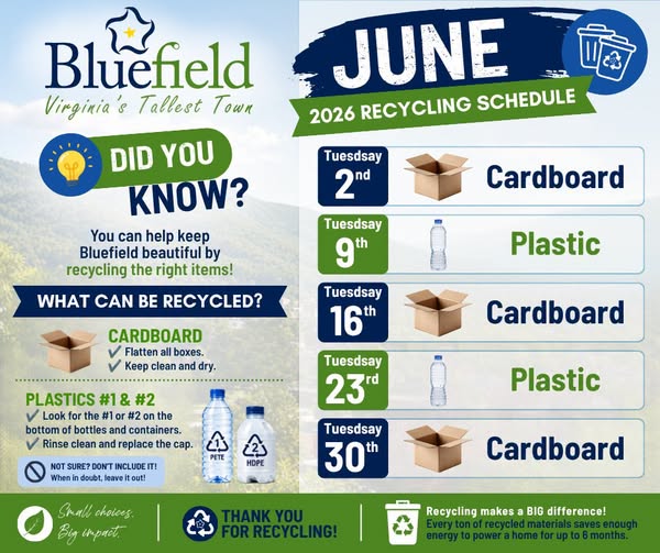 Town of Bluefield reminding residents about June recycling collection schedule